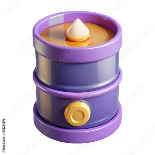 Stylized 3d illustration of a purple and gold barrel with a candle on top isolated on transparent background