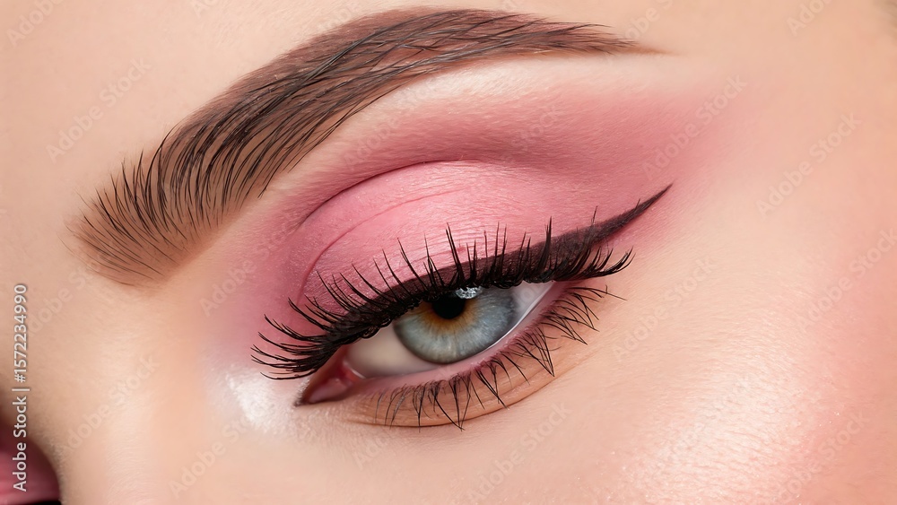 Obraz premium Close-up of a woman's eye with soft pink eyeshadow, defined brows, and winged eyeliner.