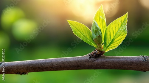 Tree twigs with new green buds and small leaves glowing under gentle yellow morning light.
