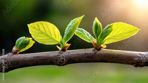 Small fresh buds and young leaves in soft sunlight on alder twigs in a blooming forest.
