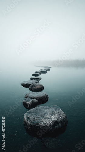 Guided meditation journey across tranquil stone pathway serene water body photo misty atmosphere ground level reflection on nature's calmness