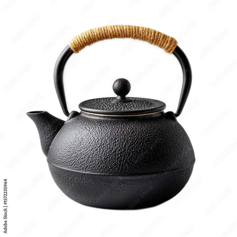 Elegant Black Kettle with Textured Surface and Woven Handle, Isolated on White Background for Culinary Use or Styling Elegant Black Kettle with Textured Surface and Woven Handle, Isolated on White Background for Culinary Use or Styling
