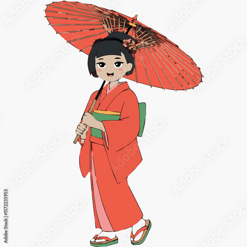 Japanese geisha girl in red kimono with umbrella vector illustration traditional culture art design 100