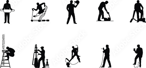 Silhouettes of people performing various activities against white backdrop