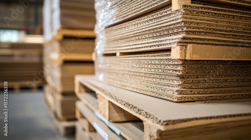 Close-up of stacked corrugated cardboard sheets on pallets in a warehouse.