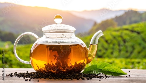 Glass tea pot filled with hot tea, tea leaves, and tea leaves on a wooden table in tea plantation background