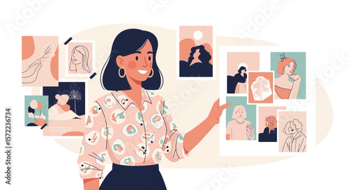 Woman Presenting A Collection Of Diverse Art Pieces With Modern Aesthetics