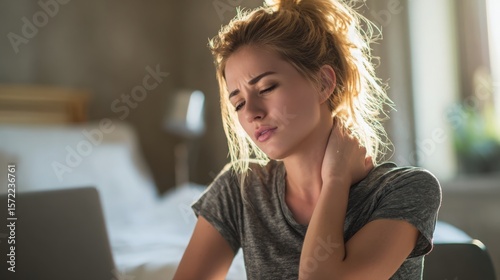 A young woman is sitting at her desk in the bedroom, holding one hand on her neck and head to alleviate pain after working for long hours with a laptop.