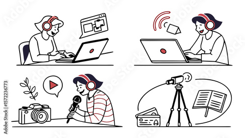 People creating content online with laptops microphones and cameras isolated on white background