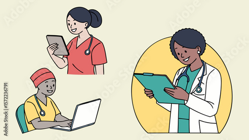 Diverse medical professionals working with technology and patient records isolated on white background