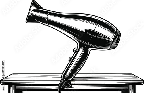 Illustration of a hair dryer on a wooden table with a light background
