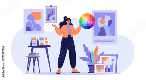 Creative Woman Working With Color Palette In Her Studio With Artwork