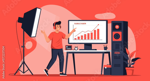 Happy Creator Explaining Growth On Monitor Displaying Subscriber Count Analytics