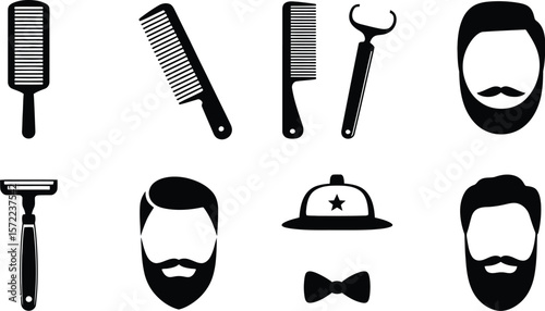 Black silhouette barber shop elements including combs razors and beard icons