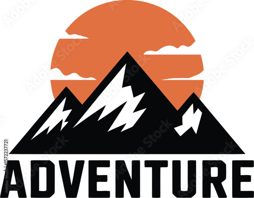 Adventure logo with mountains and sun in a minimalist design illustration