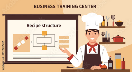 Chef Explaining Recipe Structure in Business Training Center Presentation