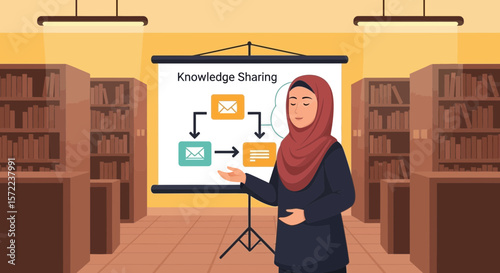 Woman Presenting Knowledge Sharing Diagram in Library Classroom Setting