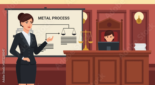 Woman Presenting Metal Processing in Courtroom with Judge Illustration