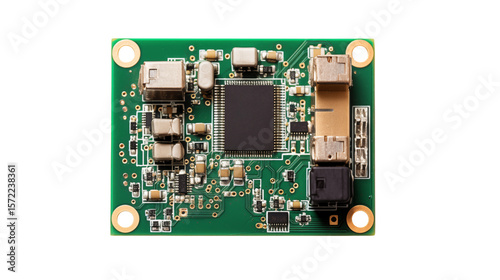A detailed view showcasing a green electronic circuit board with components isolated on transparent background