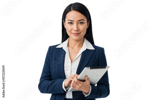 Young business woman holding a tablet, ready for modern work, isolated on transparent background