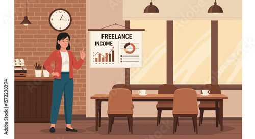 Freelance Success Woman Presenting Revenue Growth Data Chart In Office Setting