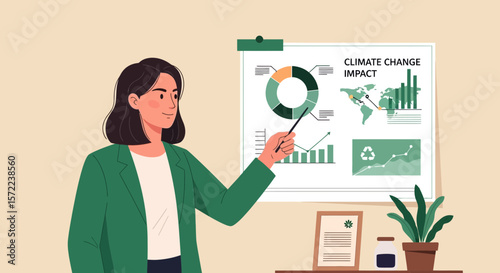 Woman Presenting Climate Change Impact Charts and Data Visualizations