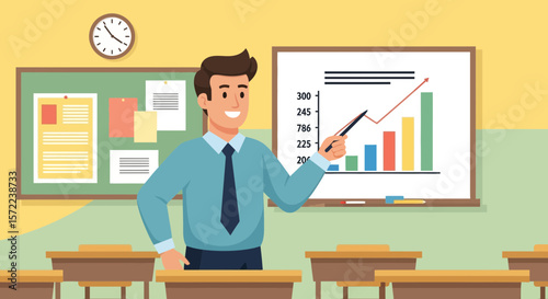 Friendly Teacher Explaining a Business Growth Chart in a Classroom Setting
