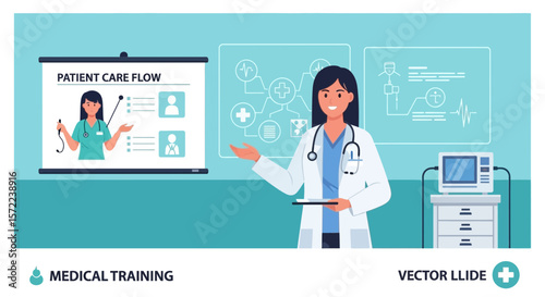 Female Doctor Explaining Patient Care Flow During Medical Seminar Presentation