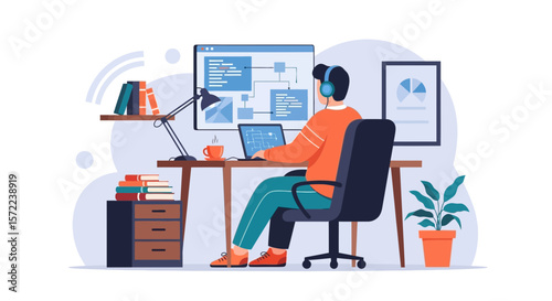 Freelance Programmer Working Remotely From Home At Desk With Laptop