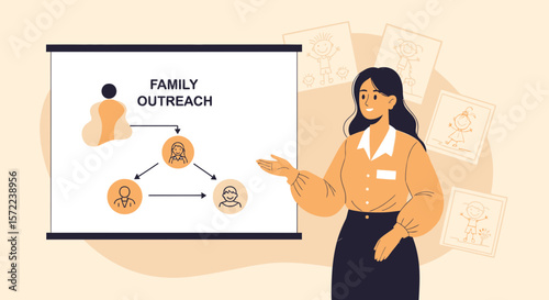 Woman Explaining Family Outreach Project in Presentation, Kids Drawings on Wall