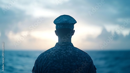 Soldier Gazing at Ocean Sunrise , Military Reflection