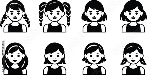 Collection of eight black and white girl icons with various hairstyles set