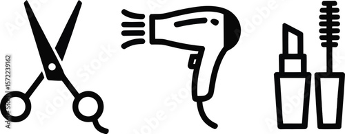 Illustration of scissors hair dryer and mascara on a cream colored background