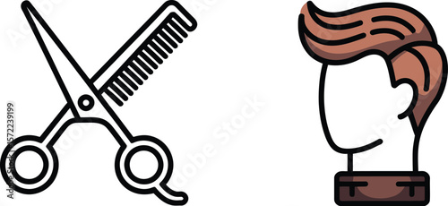 Illustration of scissors and comb with a man with styled brown hair