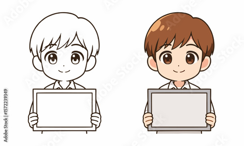 Man hold a white board coloring page for kids