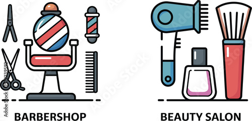 Illustration of barbershop tools and beauty salon equipment side by side view