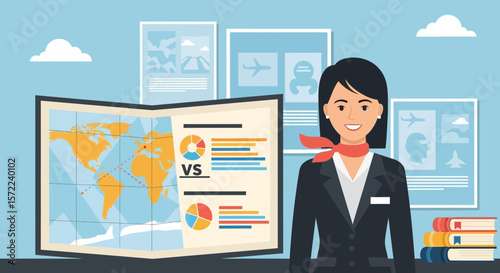 Animated Flight Attendant Presenting Global Travel Comparison Data Analysis