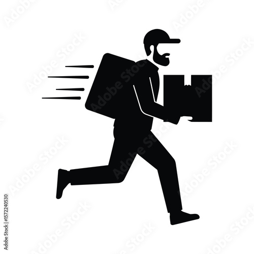 A delivery man is running fast with a package to ensure timely delivery to the customer