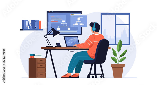 Developer Working On Computer Coding Programming Remote Job Illustration