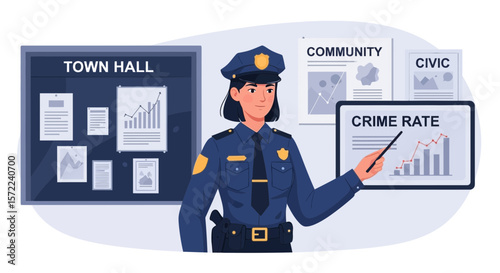 Police Officer Presenting Crime Rate Data At Town Hall Meeting
