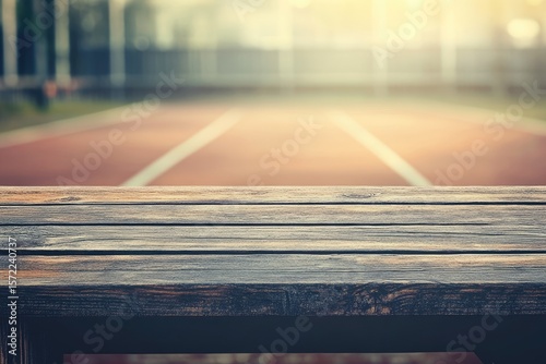 Rustic wooden table atop a blurry outdoor track