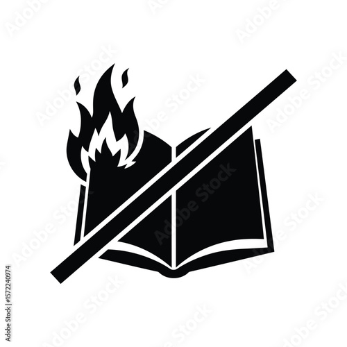A burning book with a prohibition sign symbolizes censorship and the suppression of knowledge