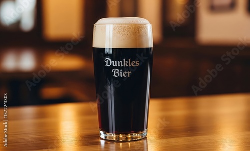 a glass of dark beer with the German inscription Dunkles Bier on the bar counter