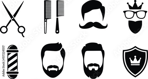 Collection of black and white barber shop icons and design elements set up