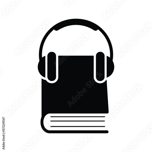 A black and white illustration of a book with headphones, representing the concept of audiobooks and digital learning