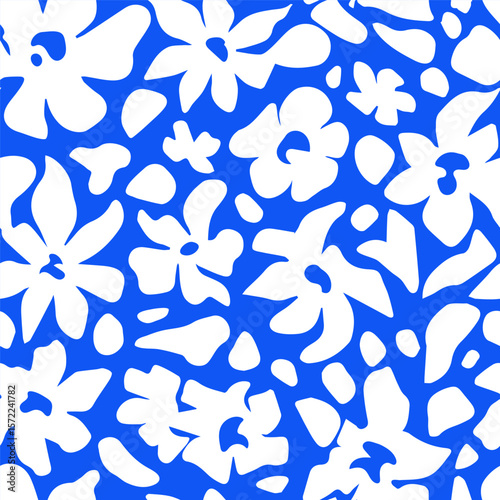 Abstract flowers seamless pattern of stylized cheerful white leaves on a blue background. Floral playful plant shapes wallpaper illustration. Featuring endless leaves vector texture.