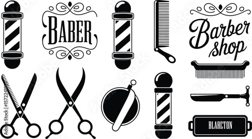 Black and white vector illustration of various barber shop related items