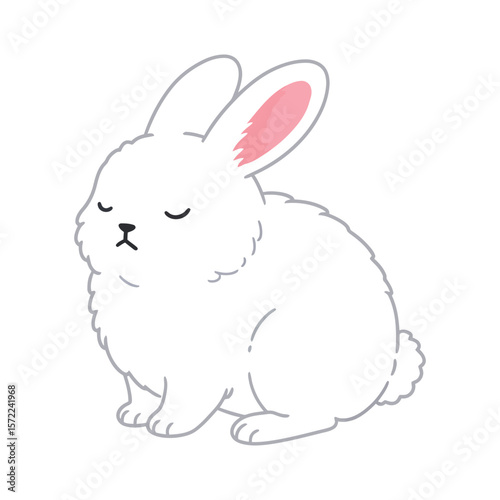 A fluffy white rabbit with pink ears is peacefully sleeping, its eyes gently closed in slumber