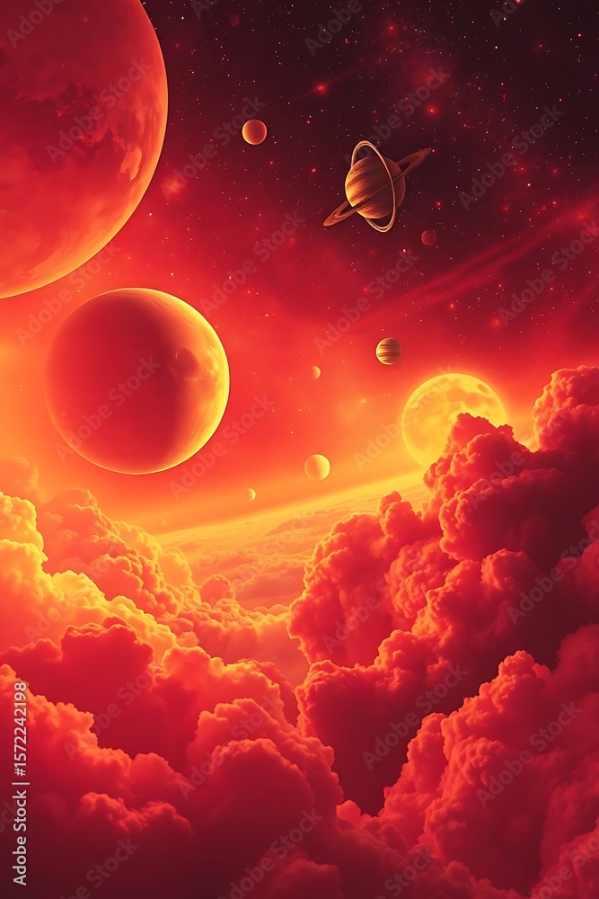 Obraz premium A cosmic scene of planets and clouds bathed in warm, fiery light