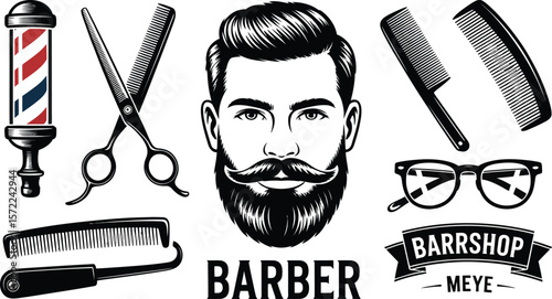 Barbershop vector illustration with man, tools, and a classic barber pole